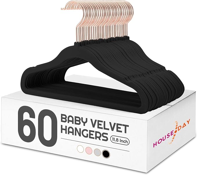 HOUSE DAY Velvet Baby Hangers for Closet, Kids Hangers Velvet 60 Pack, Non Slip Toddler Hanger 11.8 Inch, Durable Childrens Hanger for Newborn Baby Clothes- Black | Black Non Slip Toddler Hanger 11.8 Inch, Durable Childrens Hanger for Newborn Baby Clot... by HOUSEDAY