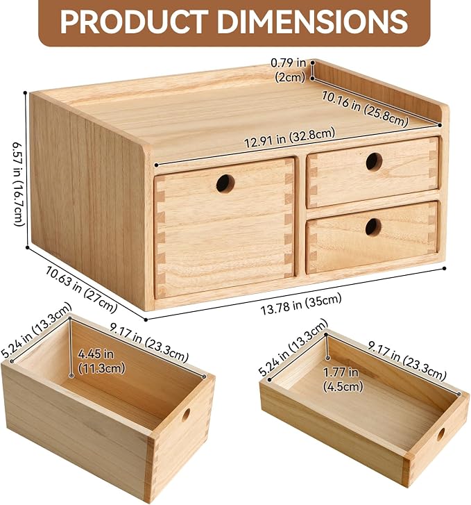 KIRIGEN Wooden Desk Organizer with 3 Drawers and Top Tray Natural DT1D3C-NA | 3-Drawer Cabinet with Top Tray Stores Office Supplies, Toiletries, Tools, Crafts, and Small Accessories on Desks or Counters - Image 2
