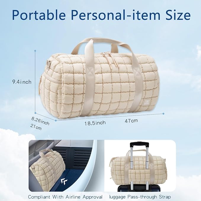 Quilted Gym Bag for Women,Duffle Bag for Travel with Wet Pocket,Carry on Weekender Bags for Women,Travel Bag with Shoe Compartment(Beige) - Image 2