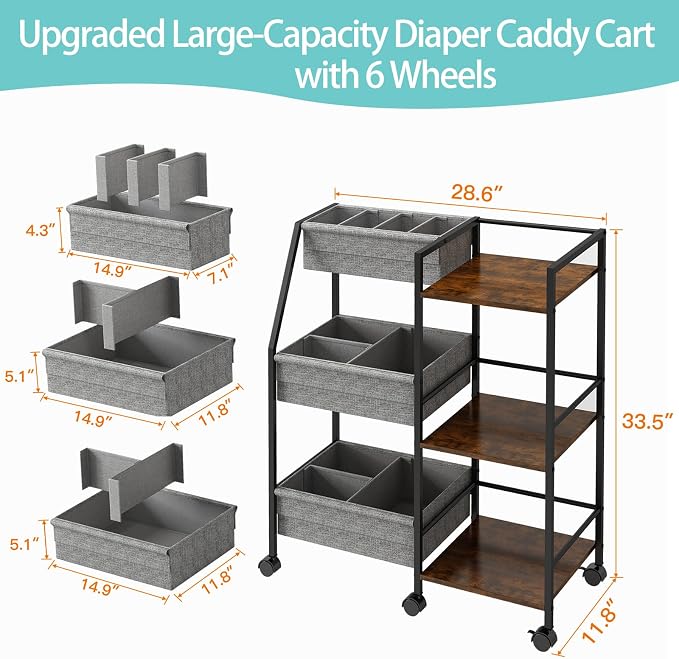 Rolling Nursery Diaper Caddy Organizer Cart, 3-Tier with Dividers - Image 3