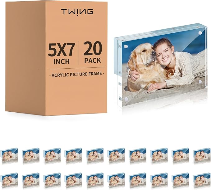 5x7 Acrylic Frame 20 Pack,24MM Thicker Frameless Clear Picture Frames | Freestanding Double Sided Magnetic Picture Frame,Acrylic Picture Frames for Desktop Display with Microfiber Cloth,Gift Ideal by TwingRepublic