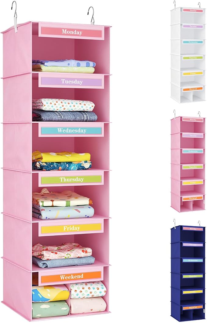 Lifewit 6 Shelf Weekly Hanging Clothes Storage Organizer for Kids, Pink | Closet Storage with Color Labels for School Outfits, Daily Clothing Divider with Days of The Week Monday to Friday Weekend by Lifewit