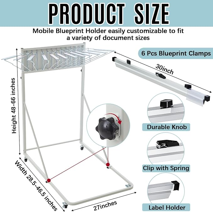 Estune Mobile Blueprint Holder Rack, Adjustable Mobile Blueprint Holder with 6 30 In Hanging Clamps 4 Wheels Poster Display Rack Storage Organizer Stand for File Display Plan Office Home(Silver) - Image 2