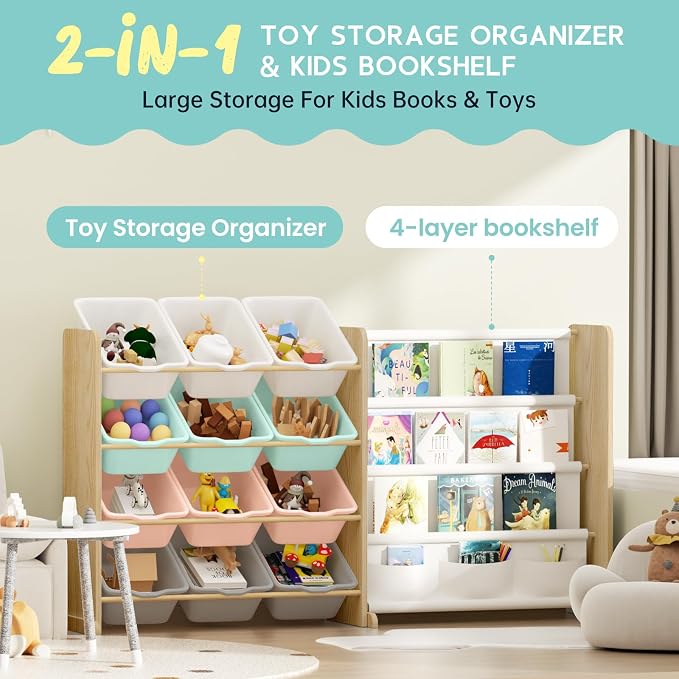 EXPERLAM Kids Toy Storage Organizer with Bookshelf - 12 Multi-Color Bins and 4 Book Shelves, Organizers and Storage for Playroom, Nursery, Room, Burlywood - Image 7