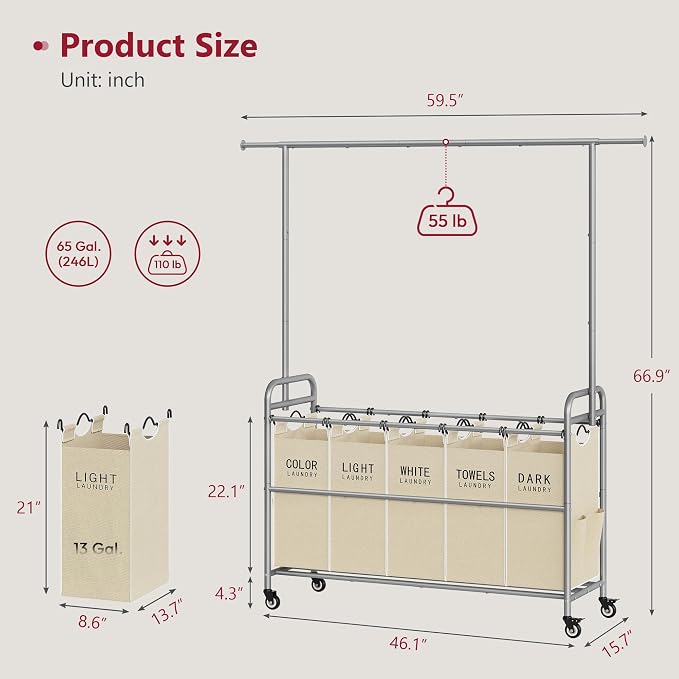 Laundry Cart with Hanging Rack, 65 Gal. Large Laundry Hamper, Beige | Rolling Laundry Cart with Hanging Bar with Removable Bag and Lockable Wheels, Separator Hamper Cart for Bedroom, Bathroom - Image 7