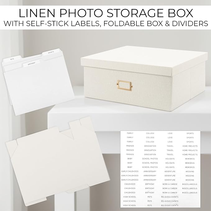 Decorative Photo Storage Box - Sturdy Linen Organizer Holds 1700 Photos | Organizer with Dividers Stores Up to 5x7 1700 Pictures - Portable Scrapbook Storage Containers with Lid - Image 9