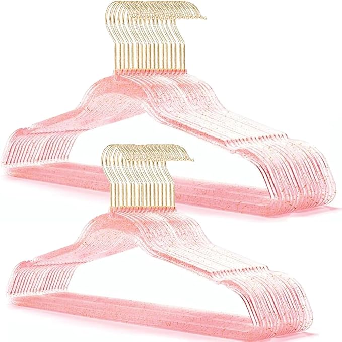 Pink Clothes Hangers 16", 40 Pack Plastic Clear Coat Hanger for Adult Closet, Durable Bling Ganchos de Ropa with Swivel Hook, Notched Shoulders & Ultra-Thin Space Saving Laundry Hanger for Dress Suits by VSVstoage