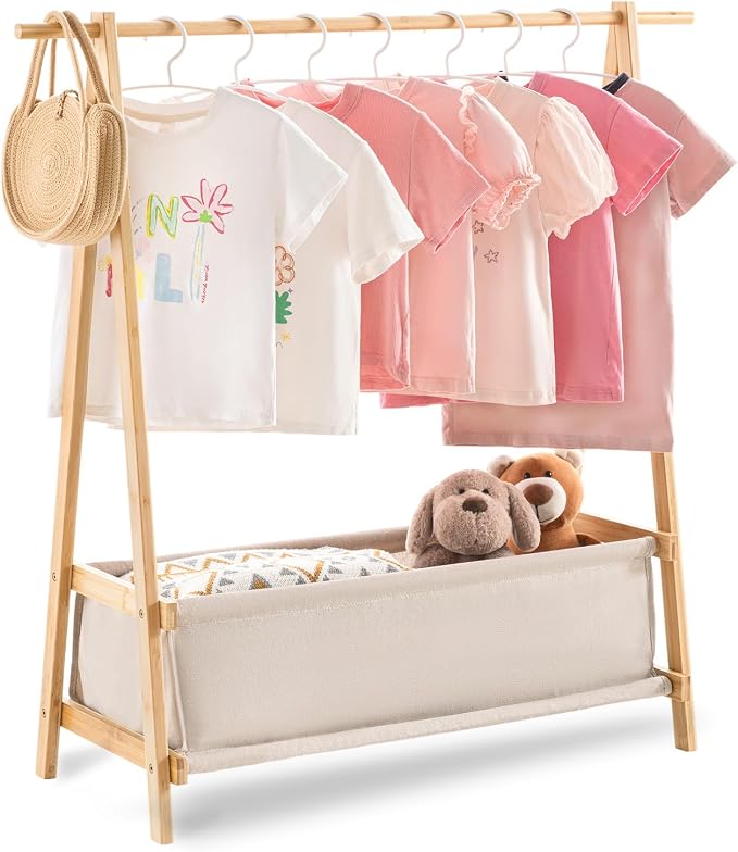 Kids Clothing Rack with Storage Box, Kids Dress Up Rack, Dance Costume Garment Rack for Hanging Clothes,Garment Rack for Hanging Clothes Organizer, Bamboo (Natural) by SinoSalected