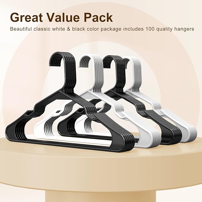 HOUSE DAY Black Plastic Hangers 100 Pack, Slim Space Saving Clothes Hangers | Durable Hangers for Shirts, Coats, Pants and Dresses, Non-Slip Notches Hold Straps, Bulk Pack for Whole-Home Closet Storage - Image 8