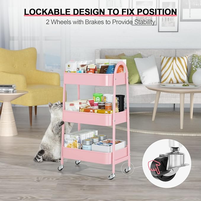 3 Tier Utility Rolling Cart, Metal Storage Cart with Handle and Lockable Wheels, Multifunctional Storage Organizer Trolley with Mesh Baskets for Kitchen, Living Room, Office, Garage (Pink) - Image 4