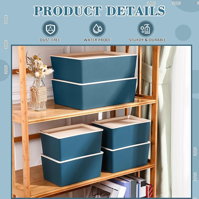 6 Pcs Large and Small Plastic Storage Bins with Lids 14.4 x 10.4 x 5.1 Inch Stackable Storage Containers Decorative Cubby Organizer for Clothes Shelves Garage Closet Office (Blue) - Image 4