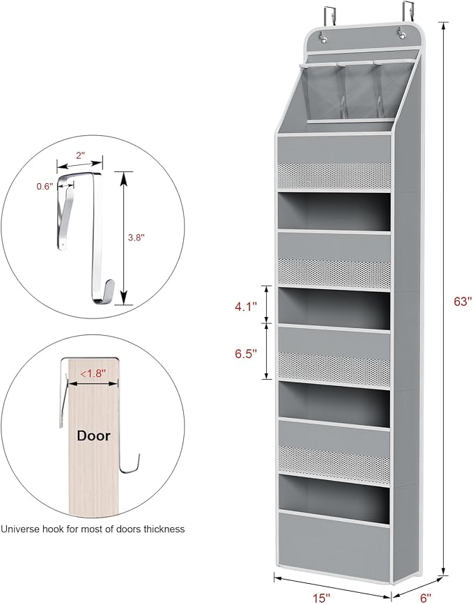 Univivi Fabric Over Door Hanging Organizer for Baby Nursery, Grey, 6-Shelf | Door Storage with Large Capacity Breathable Mesh Pockets, Over the Door Organizer for Baby Essential, Bedroom and Dorm - Image 3