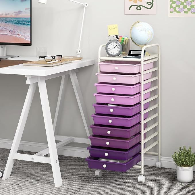 GOFLAME 10-Drawer Rolling Storage Drawer Cart, Utility Cart with Removable Drawers & Metal Frame, Mobile Art Craft Drawer Cart with Lockable Wheels for Home, Office, Studio, School, Purple Gradient - Image 2
