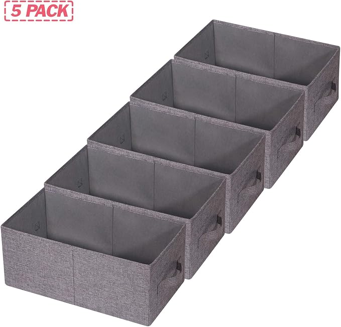 TENABORT Set of 5 Closet Organizer Bins with Handle, Fabric Foldable Storage Baskets Cloth Box Containers for Shelves Home Office Clothes Clothing, Gray, Large - Image 3