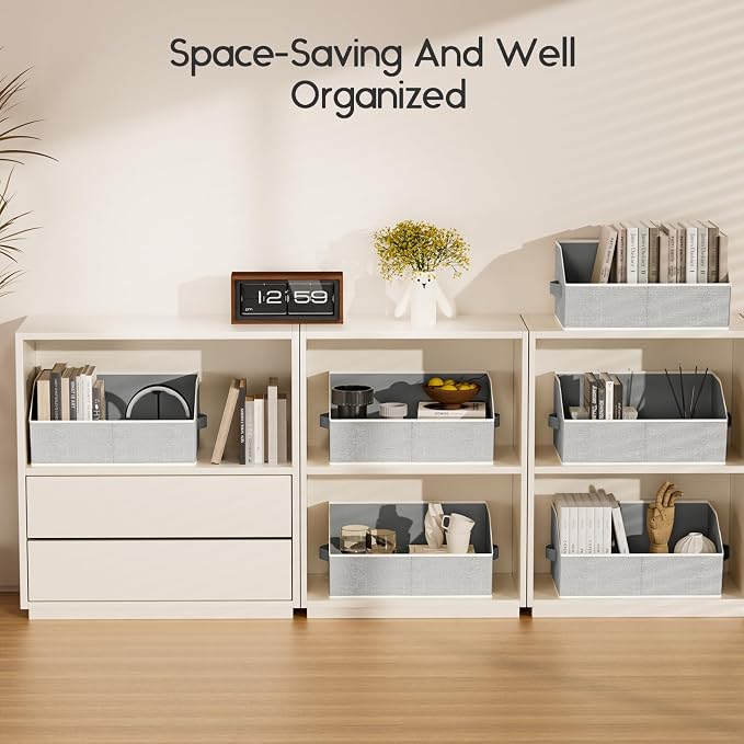 Large Closet Organizers and Storage Bins - 8 Pack Trapezoid Storage Baskets for Shelves, Foldable Fabric Baskets with Handles Ideal for Closet, Basket, Wardrobe and Shelf Storage, Light Grey - Image 7