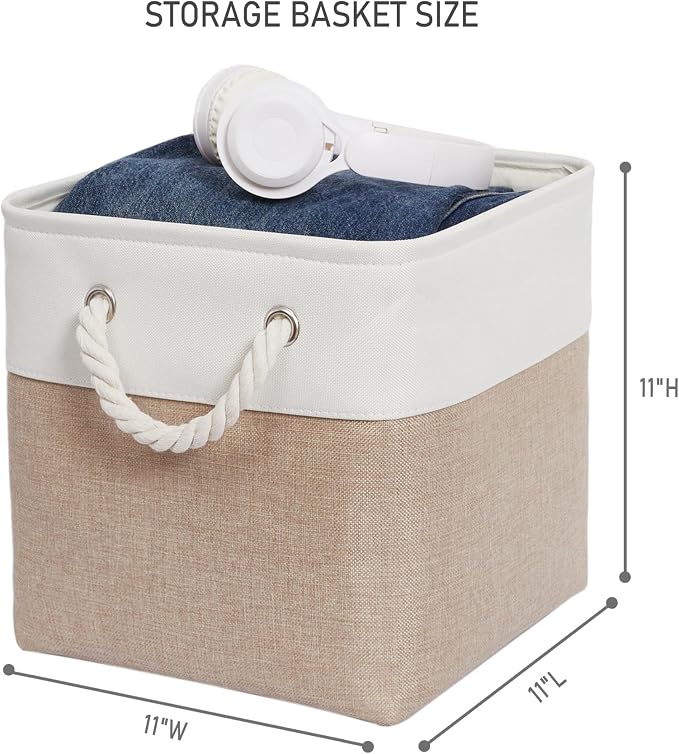 11 Inch 6 Pack Cube Storage Bins with Handles | Foldable Storage Basket,Fabric Storage Basket,Storage cube baskets suitable for the Home & Office(White&Beige) - Image 3