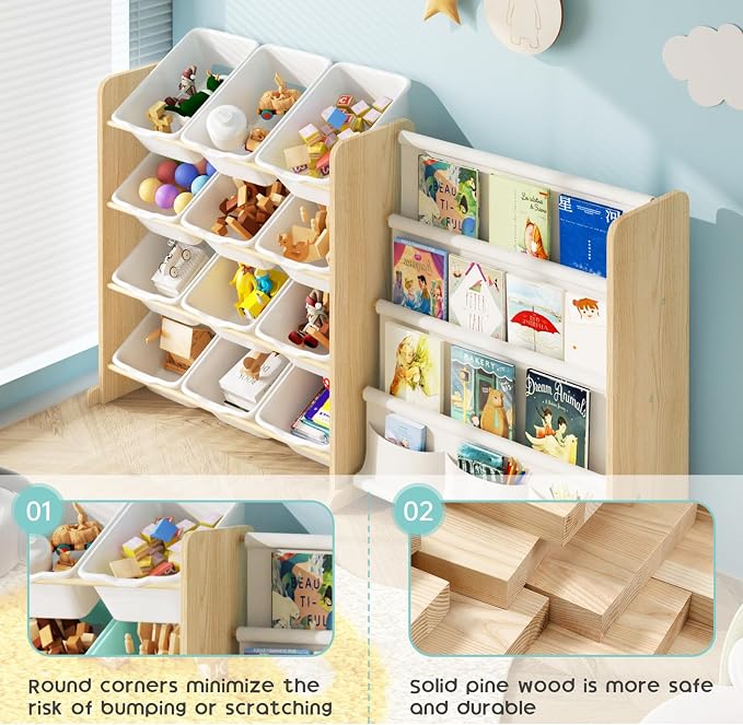 EXPERLAM Kids Toy Storage Organizer - Toy Organizer with Bookshelf, Toy Storage with 12 Toy White Bins and 4 Book Shelves, Toy Organizers and Storage for Playroom, Nursery, Kids Room, Burlywood - Image 7