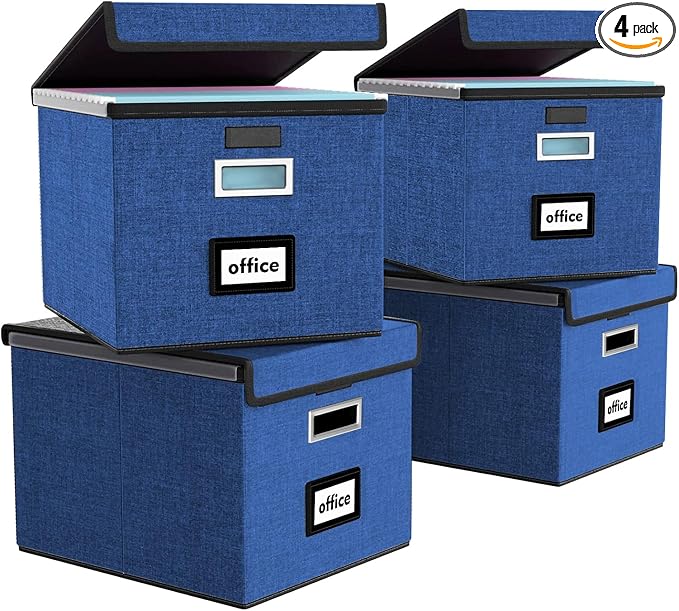 File Organizer Box with Lids, Collapsible File Folder Organizer | File Box with Plastic Slides for Document, Filing Bin for Letter Size Hanging File Folders (4 Pack, Royal Blue) by Huolewa