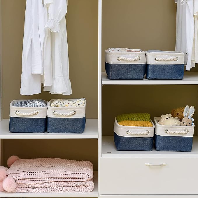 TcaFmac Organization and Storage Cubes - 12x8x5.2 inch Small 6 Pack Collapsible Storage Bins for Sheves, Fabric Storage Basket for Gifts Empty for Closet Cloth Toy Kids Books(White & Jean Blue) - Image 5