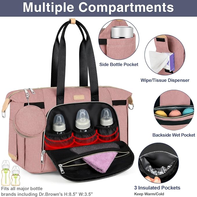 Diaper Bag Tote for Baby 7PCS, Large Mommy Bag with Portable Changing Pad | Multifunctional Hospital Bags for Labor and Delivery with Pacifier Case and Organizer Pouches,Travel Baby Bag for Boy Girl - Image 4