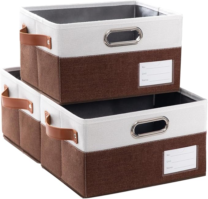 Foldable Storage Bins with Handles [3-Pack] Fabric Collapsible Storage Boxes Baskets Cubes Containers with Handles for Closet Living Room Bedroom (Brown & White 11.5x8.5x6.7'') by Prandom