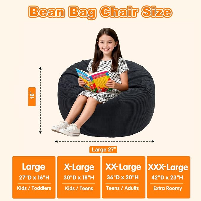 Lukeight Bean Bag Chair for Kids Teens, Memory Foam Filled Floor Lounger, Washable Velvet Cover with Inner Liner, Beanbag Chair with Filling for Gaming and Reading, Black, Large 27" D x 16" H - Image 2