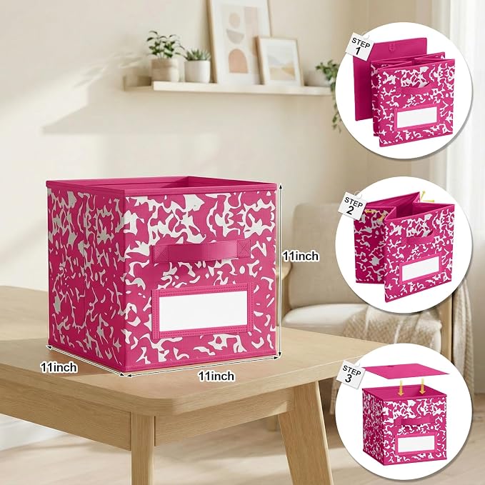 LemonRoad 6 Fabric Storage Cube 11 Inch Foldable Marble Storage Bin with Label for Organizing Pantry, Toy Box, Clothes Closet Collapsible Basket for School Organizing with Handle(Rainbow, Label) - Image 2