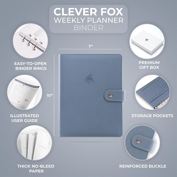 Clever Fox Weekly Planner Binder, Undated Daily A5 Eco Leather Windy Blue | 7 x 10 in with A5 pages, mini 3 ring portfolio organizer, work time manager, day runner, agenda book with monthly calendars - Image 2