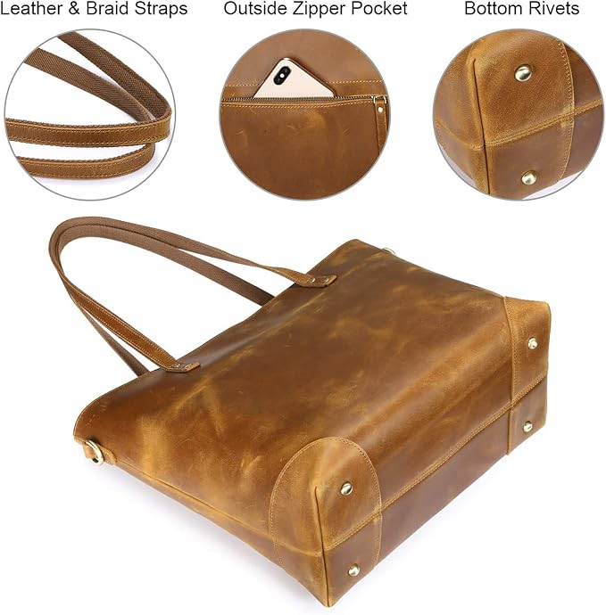 S-ZONE Vintage Genuine Leather Shoulder Bag Work Totes for Women Large | Top Grain Leather, Purse Handbag, Fits Laptop Documents, Luggage Sleeve, Multi Pockets, Work Travel Everyday - Image 6