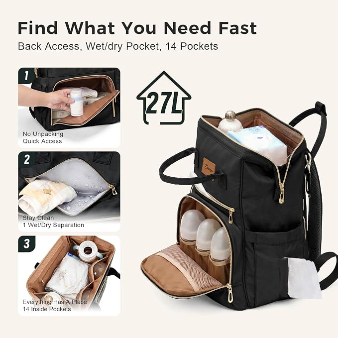 Diaper Bag Backpack with Wet/Dry Pocket, Changing Pad, 27L Black | 14 Pockets, 3 Insulated Bottle Pockets & Rear Opening for Organizing, Stroller Straps & Luggage Sleeve for Travel - Image 4
