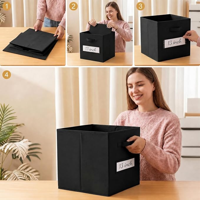 Storage Bins,13 Inch Cube Storage Bin with Labels,6pcs,Black | Fabric Storage Cubes for Shelves,13 Inch storage cube bins with 6 Labels Window Cards & a Pen. - Image 5