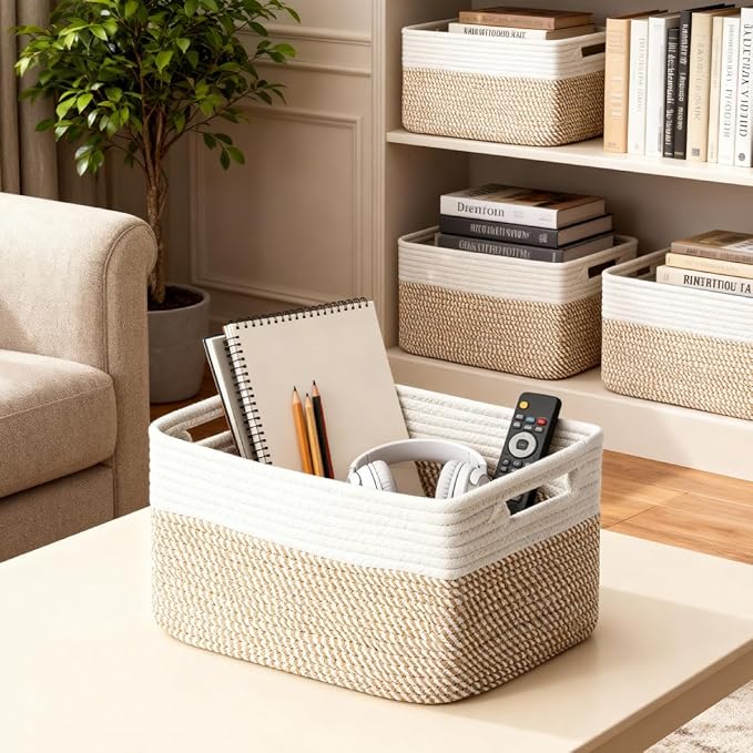 5 Pack Woven Storage Baskets, Decorative Storage Bins for Organizing | 13.8'' × 9.8'' × 7.9'', Cotton Rope Basket Organizer for Closet, Shelves, bathroom, Nursery, Toys, Books, Pantry, Khaki/White - Image 7
