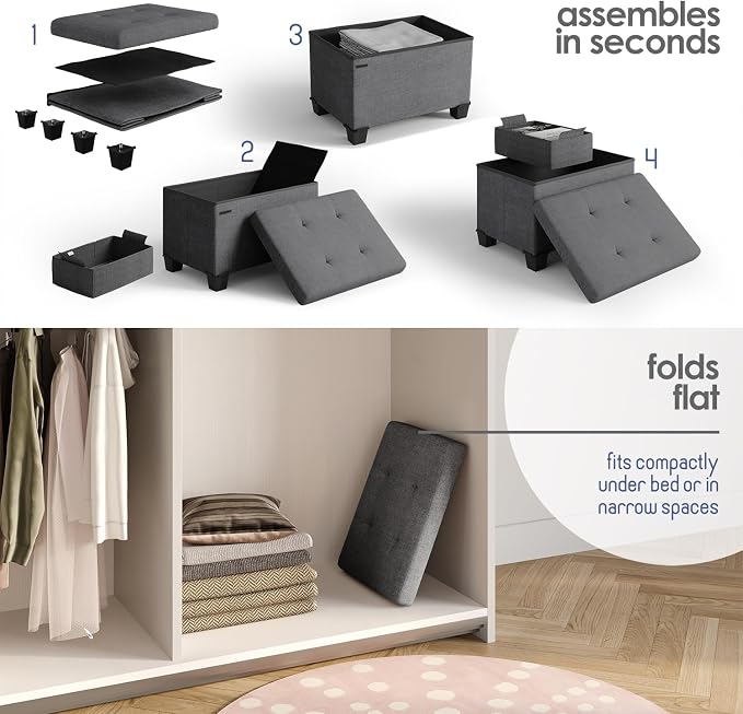 Storage Ottoman Cube with Small Bin, 16-in Square Ottoman with Storage for Living Room and Bedroom, Small Ottomans Foot Rest, Fabric Foot Stools Ottomans Max 330lbs, Grey - Image 9