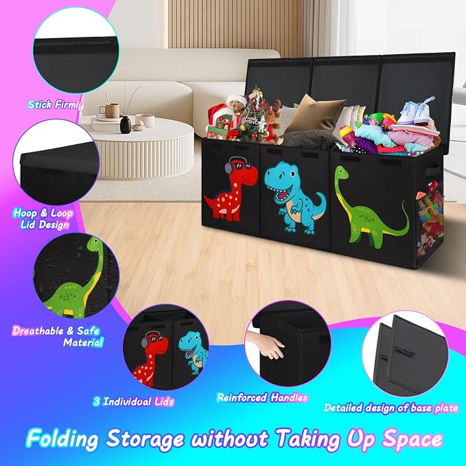 Extra Large Toy Box Chest, Collapsible Storage Bins with Lids, 40"x16"x16" | Sturdy Kids Storage Organizer Toy Bins Basket with Dividers, Bedroom Nursery Playroom Organization, Black - Image 5