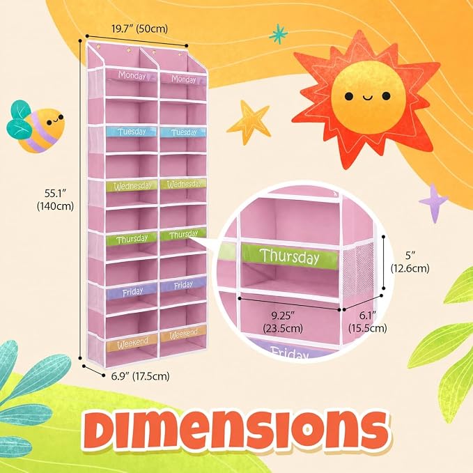 Housables Weekly Clothes Organizer for Kids, Kids Closet, 12 Shelf, Pink | Houseables Days of the Week Clothes Organizer, Daily Outfit Storage, Monday to Friday Clothing, Weekday, School, Door Hanging - Image 2