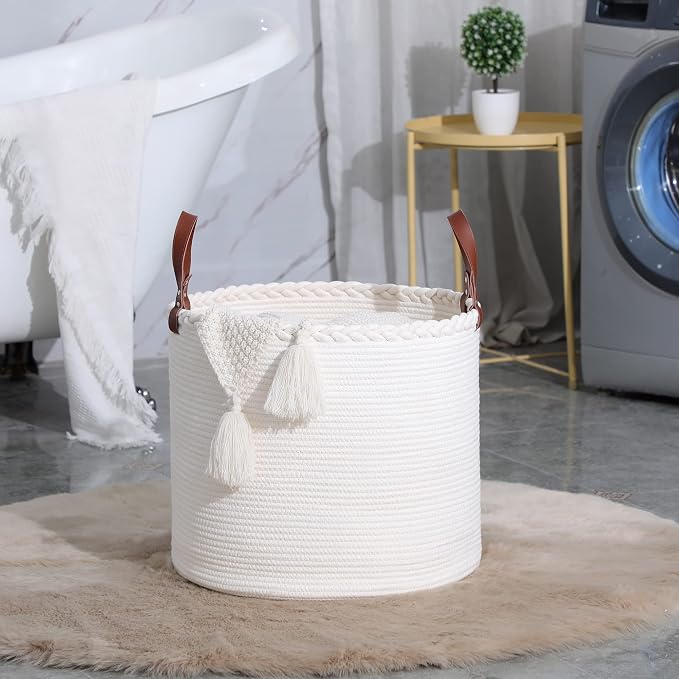KAKAMAY Large Blanket Basket (18"x16"),Woven Baby Laundry Hamper,Cotton Rope Blanket Basket for Nursery, Laundry, Living Room, Pillows, Baby Toy chest with Leather Handles (White) - Image 8