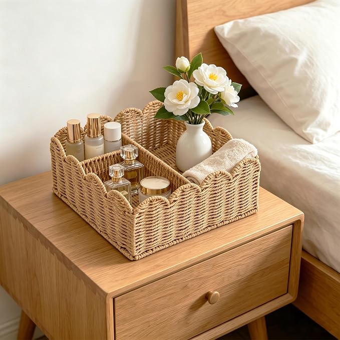 Rattan Divided Scalloped Basket,Wicker Diaper Caddy Scalloped Baske,Woven Natural Basket with 4 Dividers,Suitable for Baby Rooms, Bathrooms, Bedrooms (Paper Rope) - Image 5