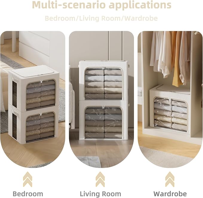 FHSQX 2 Pack Clothes Storage Bins, Ivory White, 15.7x11.8x9.8 Inch | Metal Frame, Large Clear Window, Stackable, Durable Handles, Foldable - Image 3