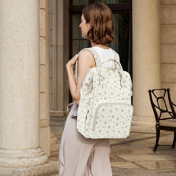 Corduroy Diaper Bag Backpack for Baby Girls Boys, Women Large Nappy Bags for Mom (Beige Corduroy Flowers Blue) - Image 2