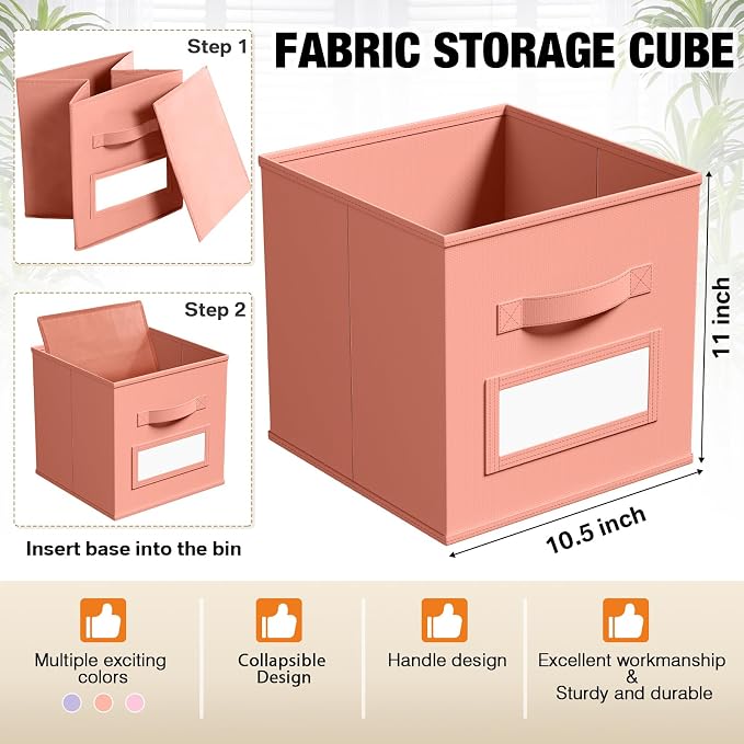 Teenyyou 10 Pack Fabric Storage Cubes 11 Inch Collapsible Cube Bins with Label Window & Handle Foldable Organizers Baskets for Shelf Closet Nursery Kids Room Clothes Book Toy(Gentle Pink Purple) - Image 3