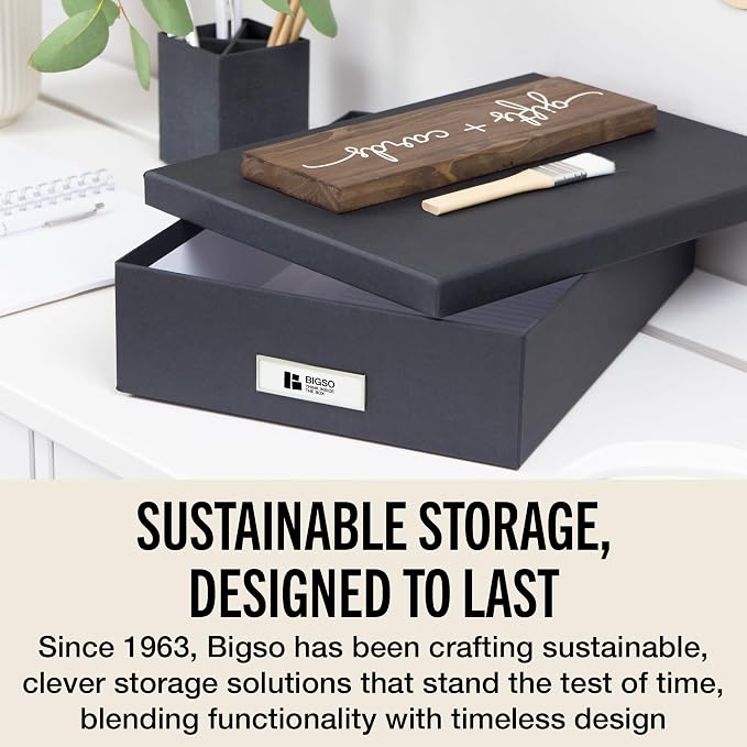 Bigso Oskar Fiberboard Label Frame Document Letter Box - File Organizer Box for Important Paperwork - Document Storage with a Lid & Metal Label Window - 3.3 in x 10.2 in x 13.8 in - Dark Grey - Image 8