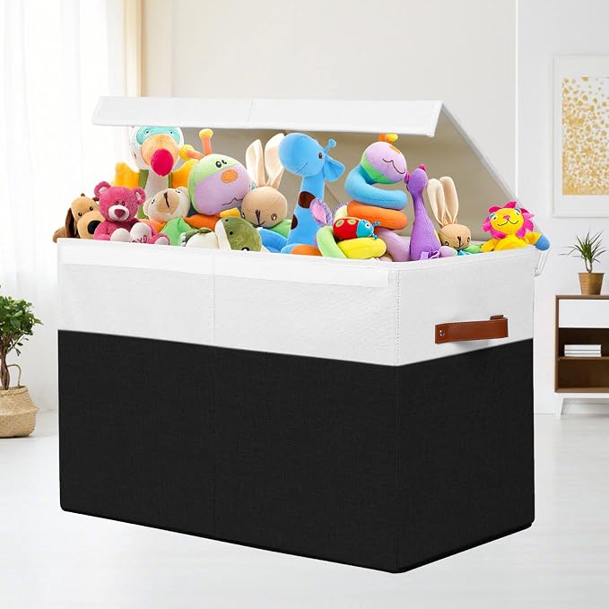 Large Toy Storage Box with Lid, Toy Chest Bin Boxes Basket with Dividers | Sturdy Toy Organizer Bin for Kids, Boys, Girls, Nursery, Living Room, Bedroom, Playroom 25"x13" x16" (Black and White) - Image 2