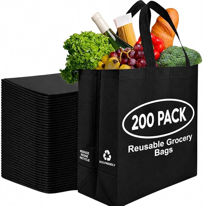 Simply Cool 200 Pack Reusable Grocery Bags, Large Tote Bags Bulk, Black | 14.5"x14"x6.6" Heavy Duty Non-woven Custom Shopping Bags with Handles, Foldable, Washable for Groceries and Commercial use by SimplyCool