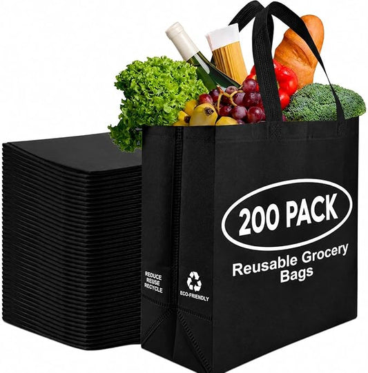 Simply Cool 200 Pack Reusable Grocery Bags, Large Tote Bags Bulk, Black | 14.5"x14"x6.6" Heavy Duty Non-woven Custom Shopping Bags with Handles, Foldable, Washable for Groceries and Commercial use by SimplyCool