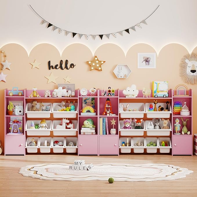 Costzon 56'' Kids Toy Storage Organizer with 8 Removable Bins, 4-Tier Toddler Bookshelf Cubbies, Preschool Children's Montessori Bookshelf w/6 Large Cabinet for Playroom, Daycare, Kids Room, Classroom - Image 5