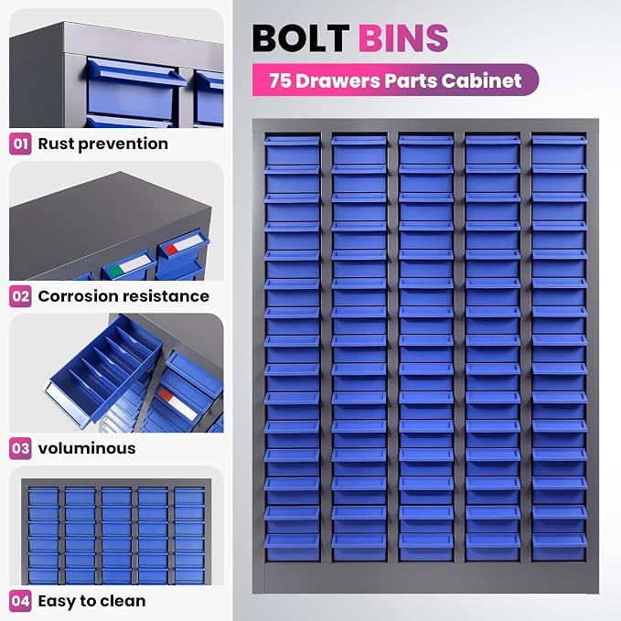 75-Drawer Parts Cabinet, Bolt Organizer with ABS Drawers & Dividers, Garage | Nut and Bolt Organizer for Workshop, 5 Dividers, 200 Label Stickers, Home and Office, Anti-slip stop, Flexible Classification - Image 4