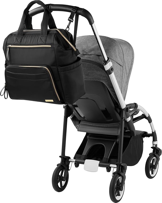 Skip Hop Diaper Bag Backpack: Mainframe Large Capacity Wide Open Structure with Changing Pad & Stroller Attachement, Black with Gold Trim - Image 5