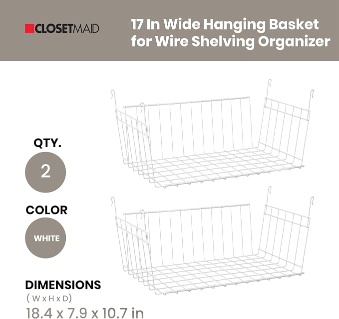 ClosetMaid 17 Inch Wide Hanging Basket Wire Shelving Accessory for Closet Shelves, Pantry Organizer, Kitchen, and Bathroom Storage, 2 Pack, White - Image 6