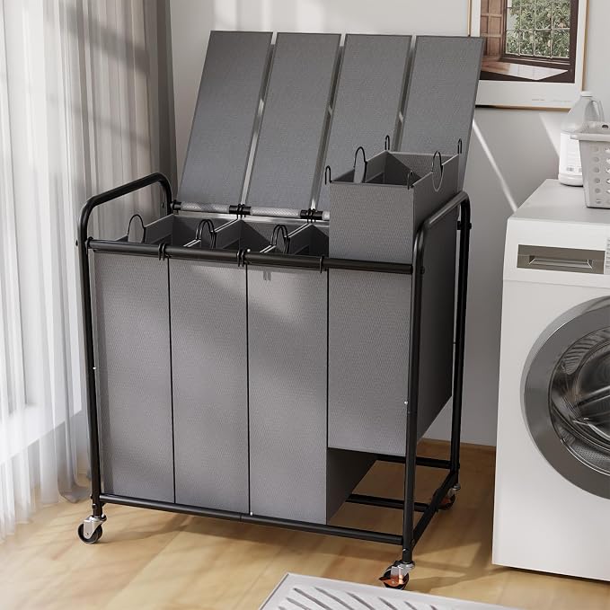 180L Laundry Sorter 4 Section with Lockable Wheels and Lid Grey | 4 Large Separate Removable Bags | Heavy Duty Rolling Laundry Basket | Laundry Hamper Cart for Laundry Room Organizer by YKDIRECT
