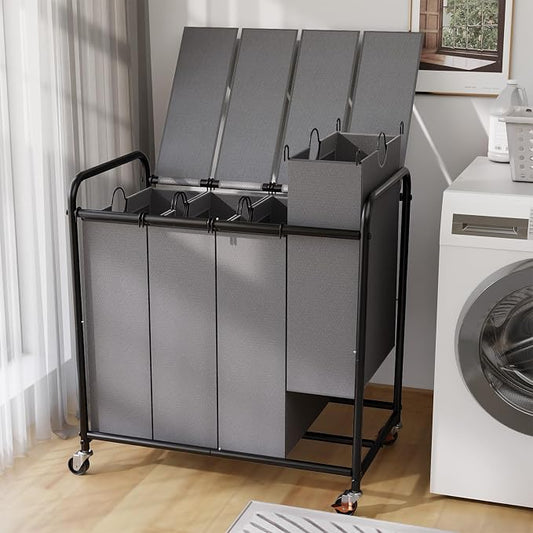 180L Laundry Sorter 4 Section with Lockable Wheels and Lid Grey | 4 Large Separate Removable Bags | Heavy Duty Rolling Laundry Basket | Laundry Hamper Cart for Laundry Room Organizer by YKDIRECT